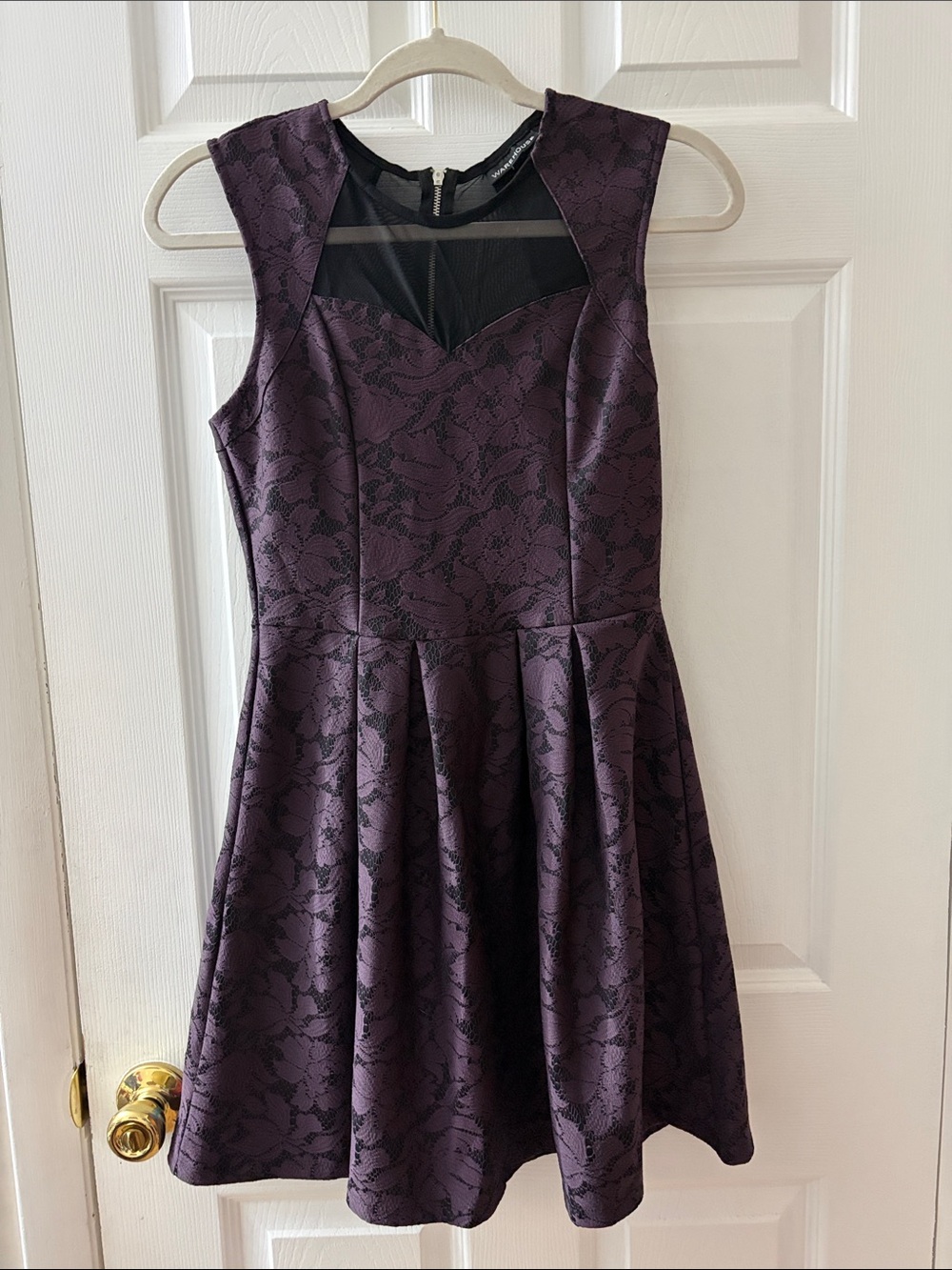 Sleeveless Purple Lace Fit & Flare Dress with Mesh Yoke